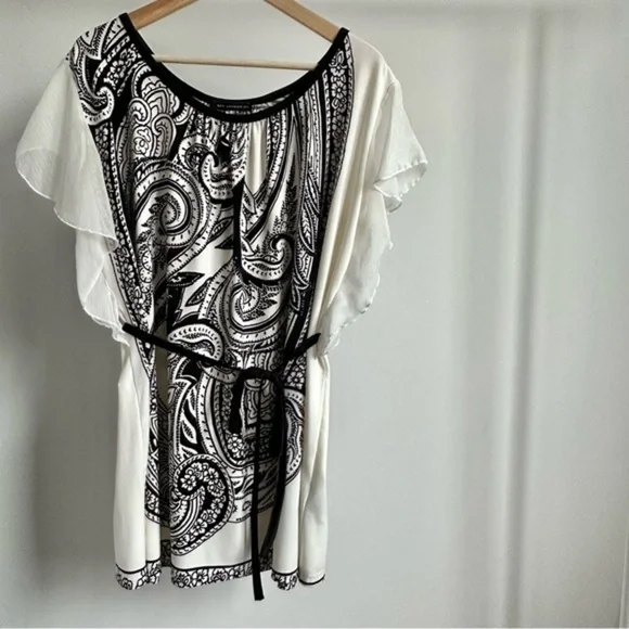 QED London Boho Tunic Top Dress White Black Paisley Flutter Ruffle Sleeves - L - Picture 10 of 14